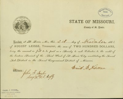States that Daniel S. Horman received from August Leisse, the Treasurer of the State of Missouri, County of St. Louis, two hundred dollars as bounty by Daniel S. Horman